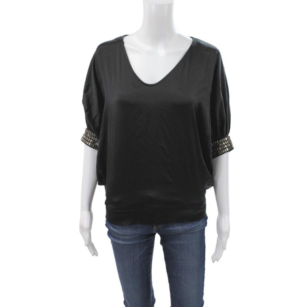 Hale Bob Womens Black Silk V-Neck Batwing Dolman Short Sleeve Blouse Size XS